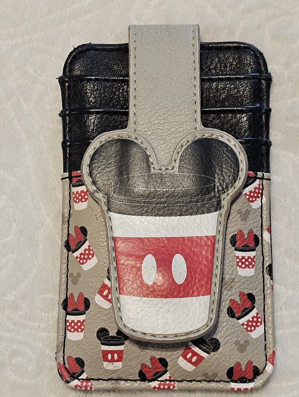 Disney Mickey & Minnie Mouse Coffee Cup Snap Slim Card Wallet ID Window Guc